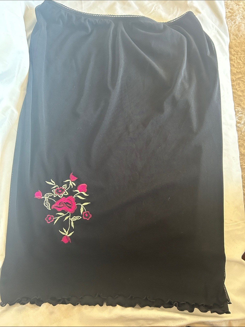Black Slip Skirt with Pink Rose Embroidery